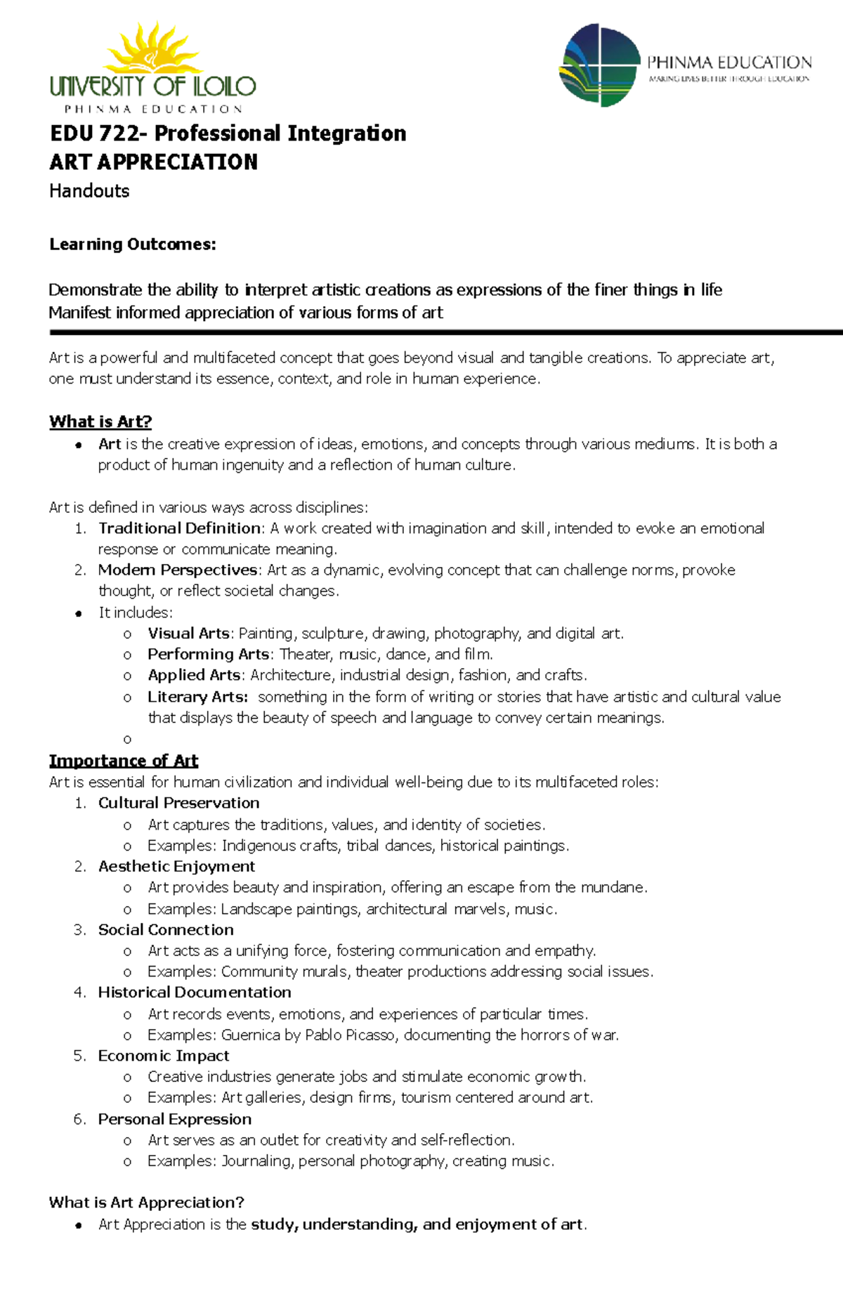 EDU 722: Art Appreciation Condensed Notes for Professional Integration ...