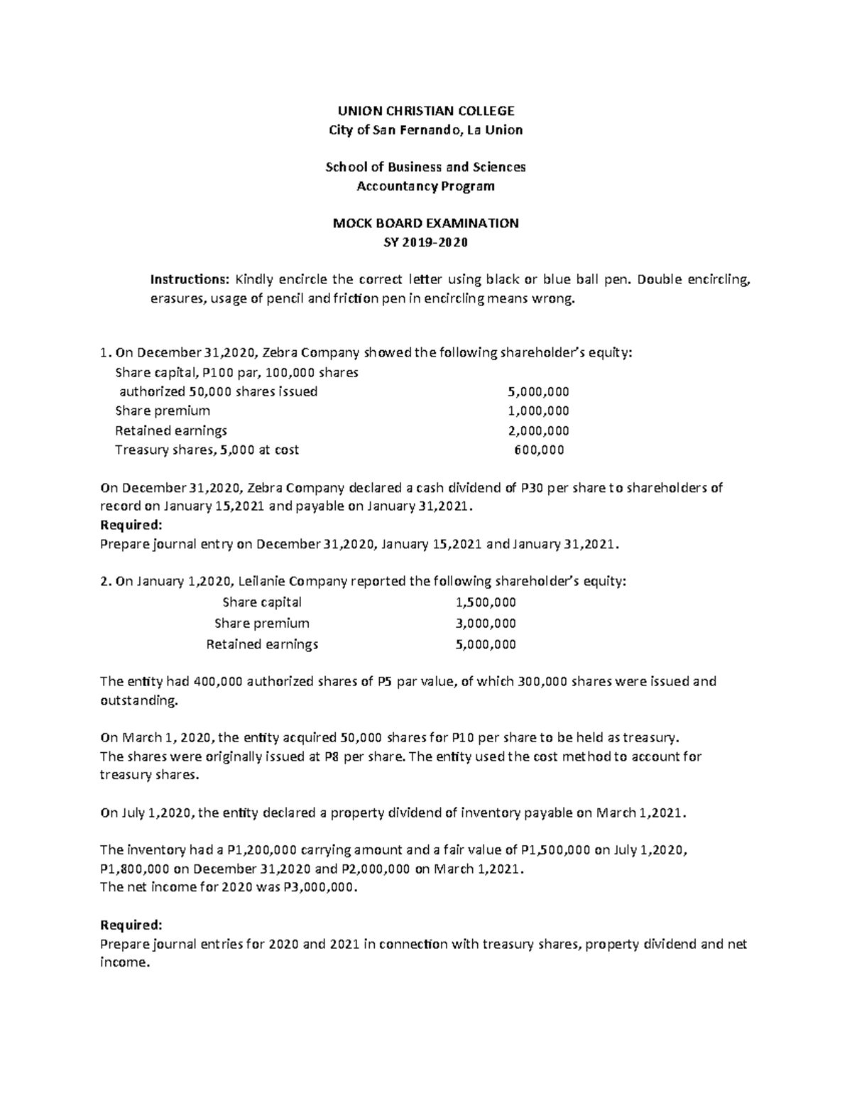Mock Board Exam - Chapter Exam for ACC 101 - Studocu