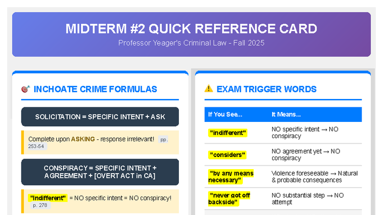 MIDTERM #2 QUICK REFERENCE CARD - CRIMINAL LAW (CRIM 101) - Studocu