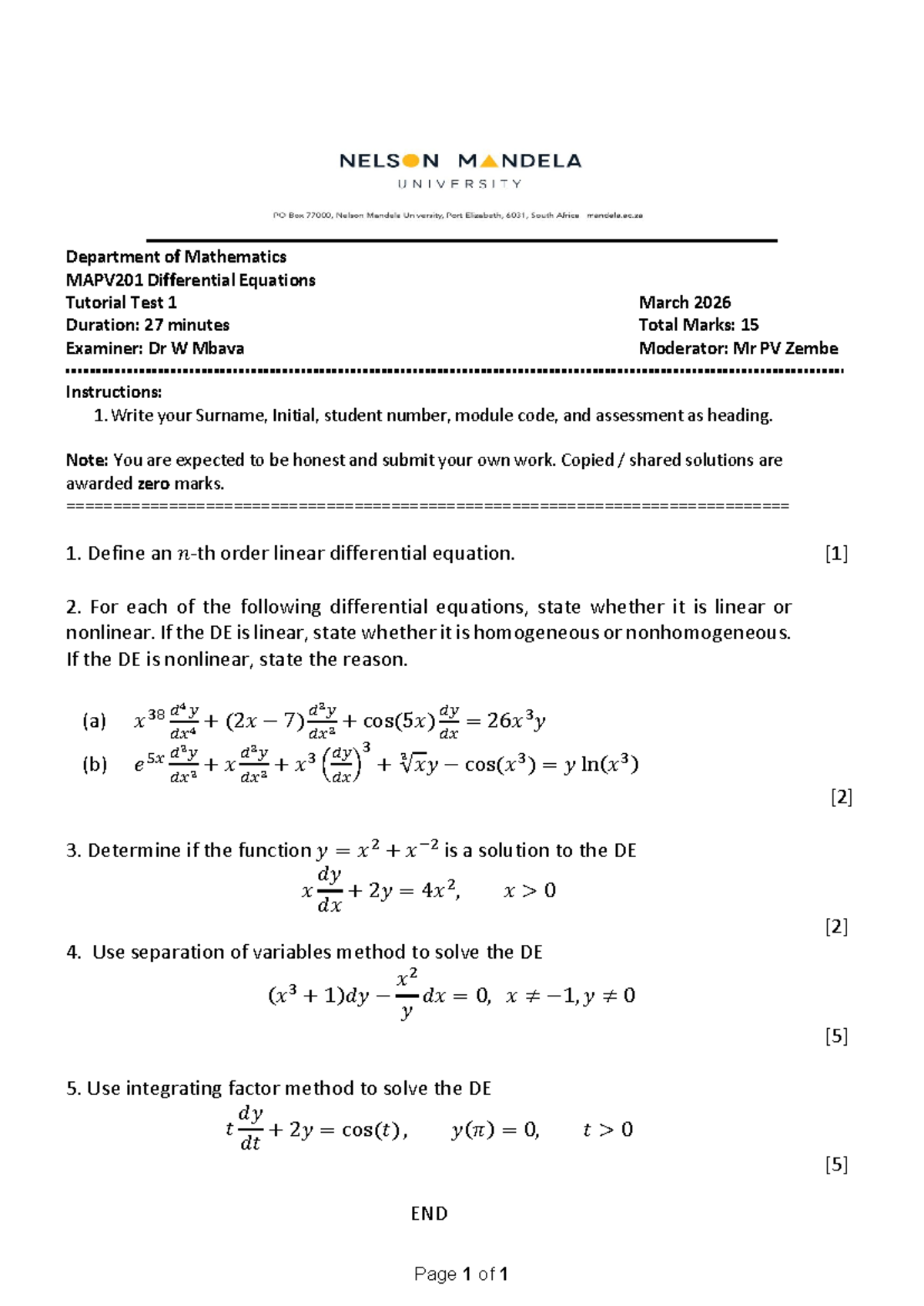 MAPV201 Differential Equations Tutorial Test 1 - March 2026 - Studocu