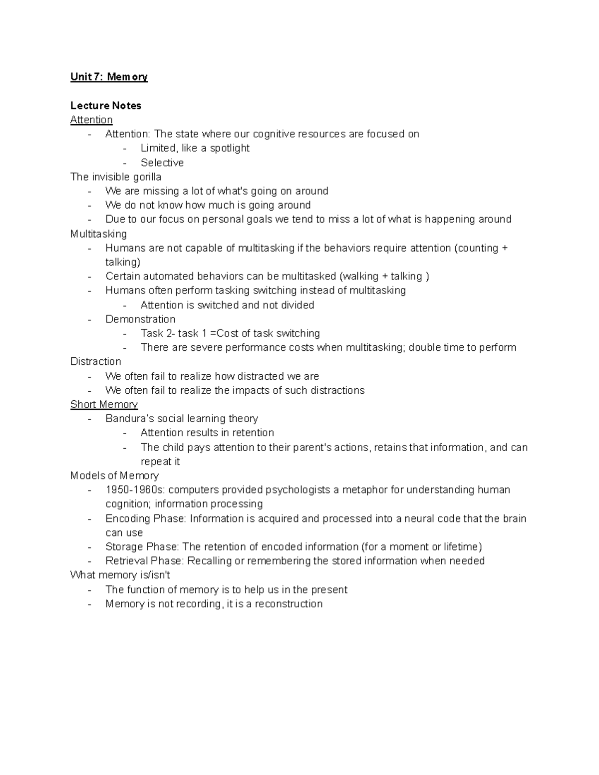 PSY100 U7 - Memory Lecture Notes: Attention, Models, and Failures - Studocu