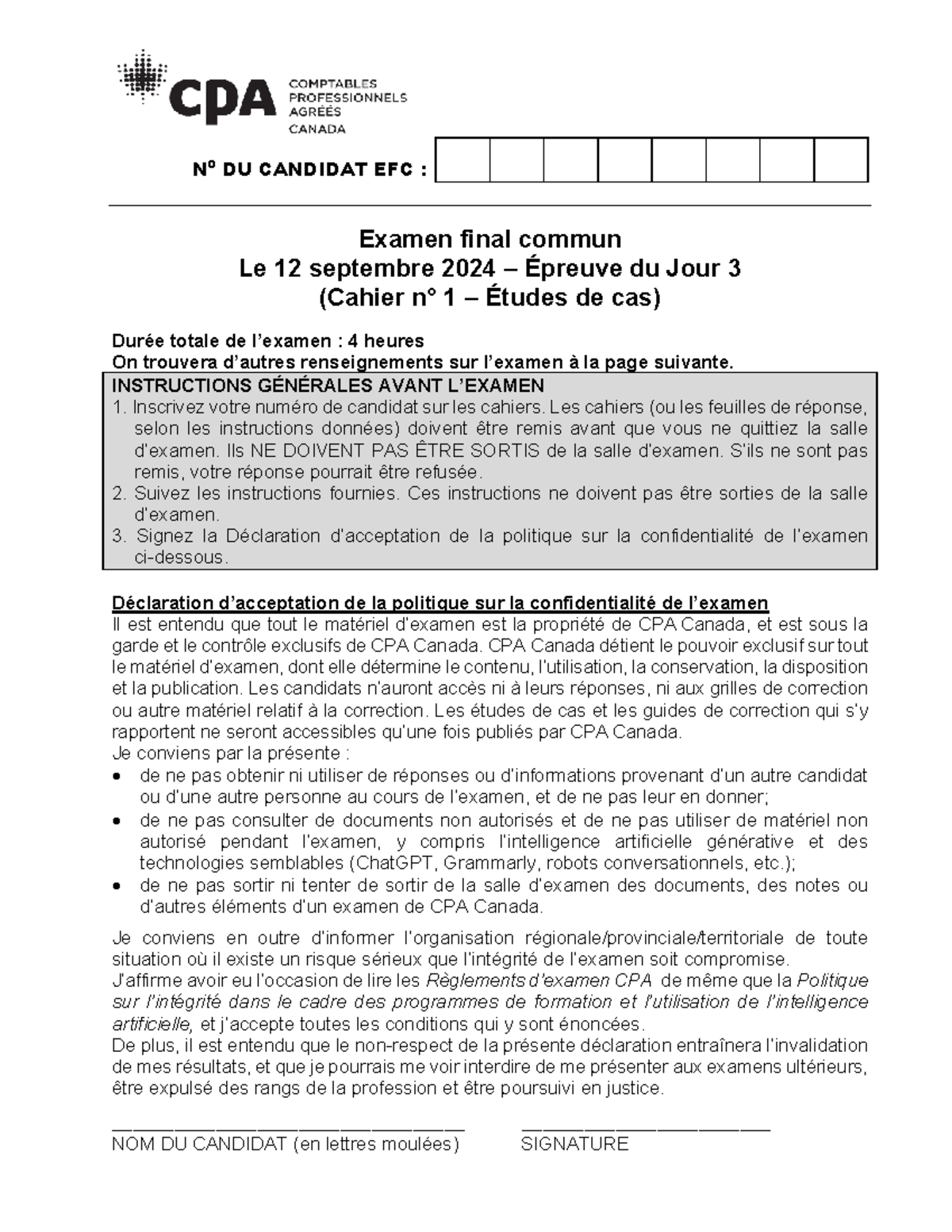 Examen final commun EFC 2024 : Cahier 1 - Études de cas (Jour 3) - Studocu