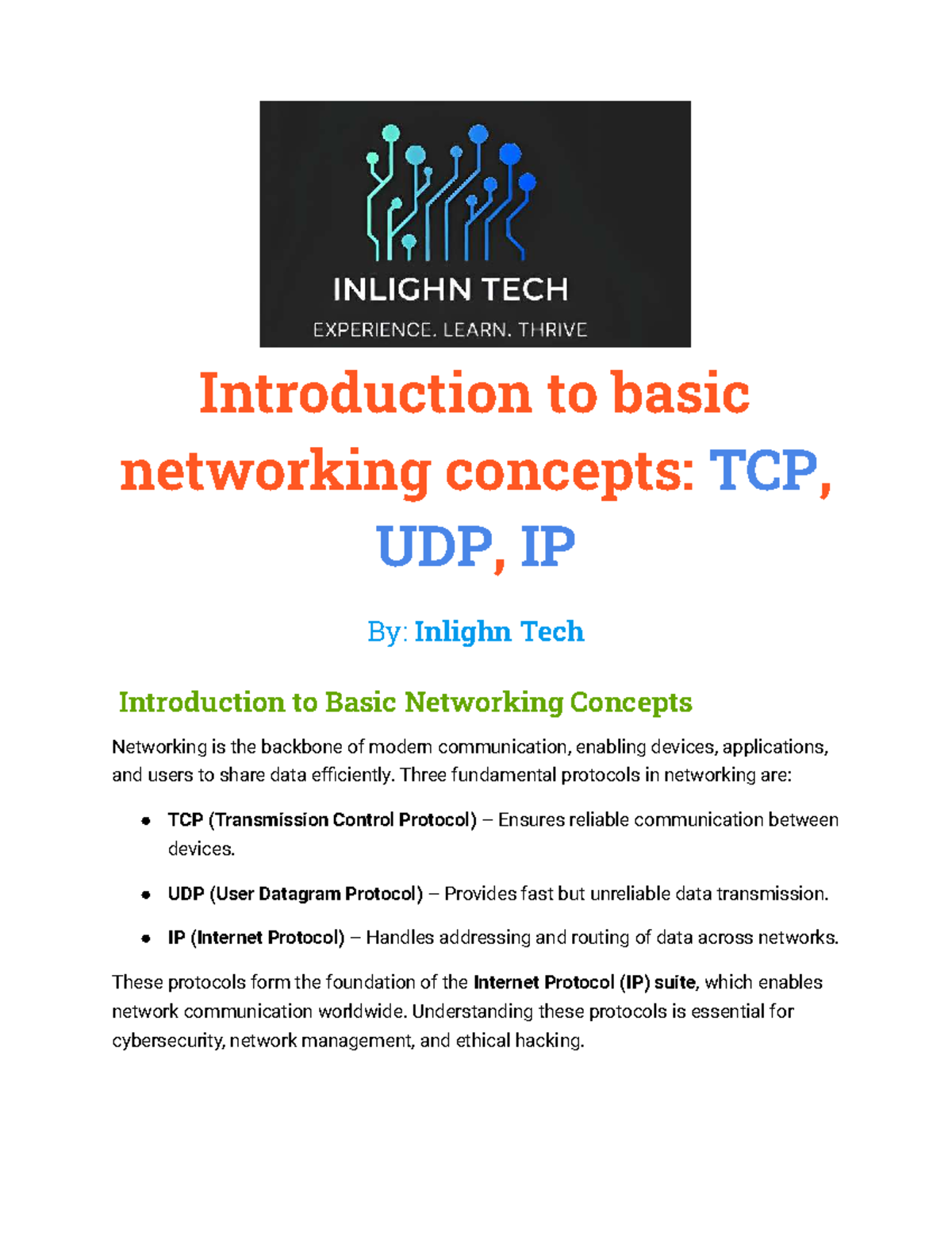 Introduction to Basic Networking Concepts: TCP, UDP, IP - Studocu