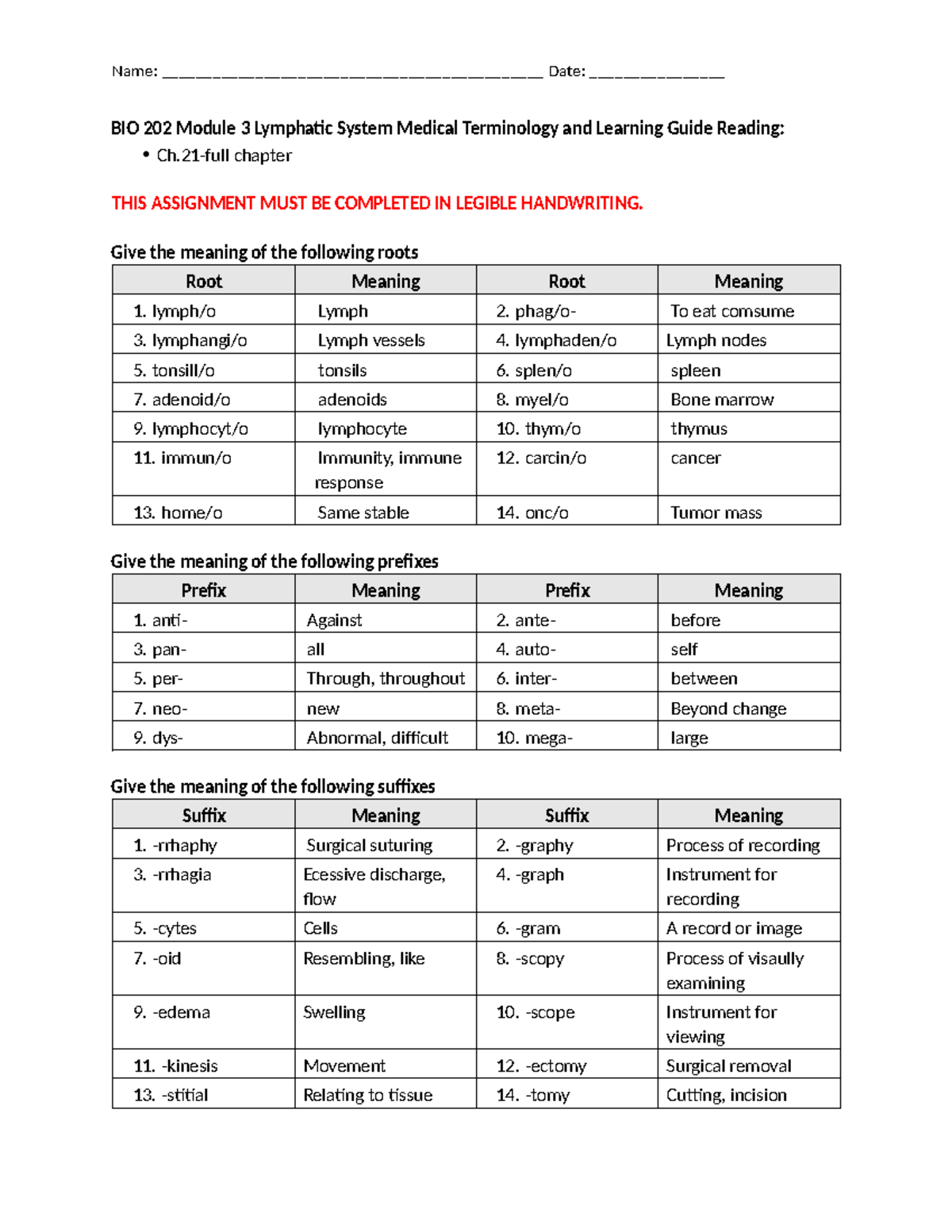 BIO 202 Module 3 Final Exam Study Guide: Lymphatic System Terms - Studocu