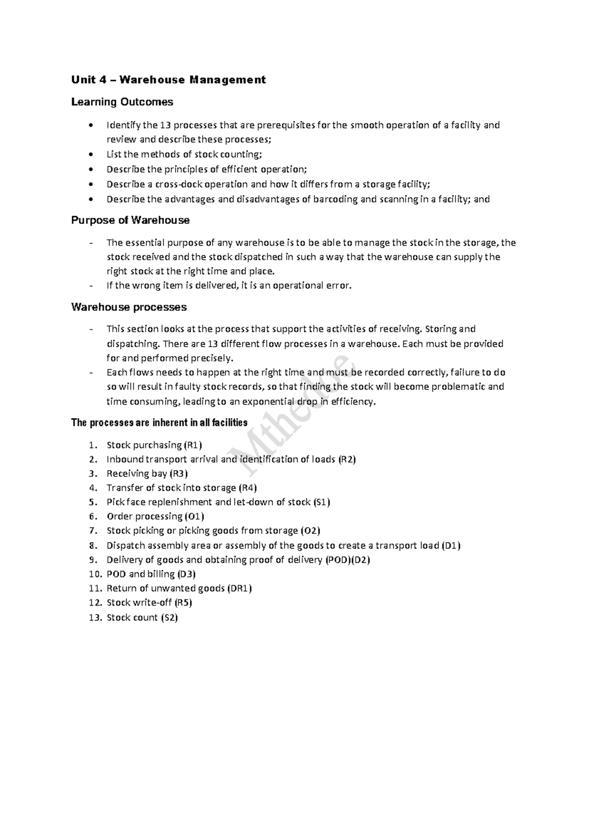 Unit 4 - Warehouse Management Summary & Key Processes - Studocu