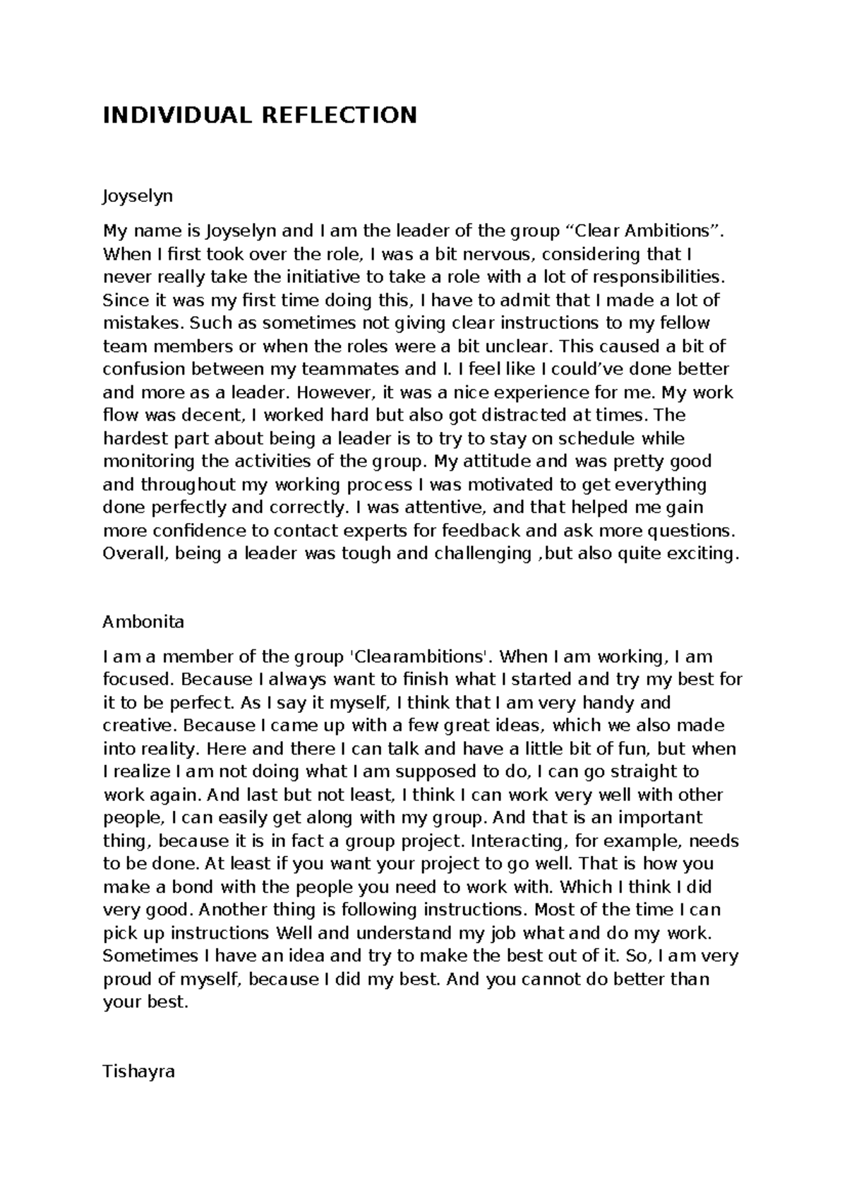 INDIVIDUAL REFLECTION: Group Project Insights and Experiences - Studeersnel