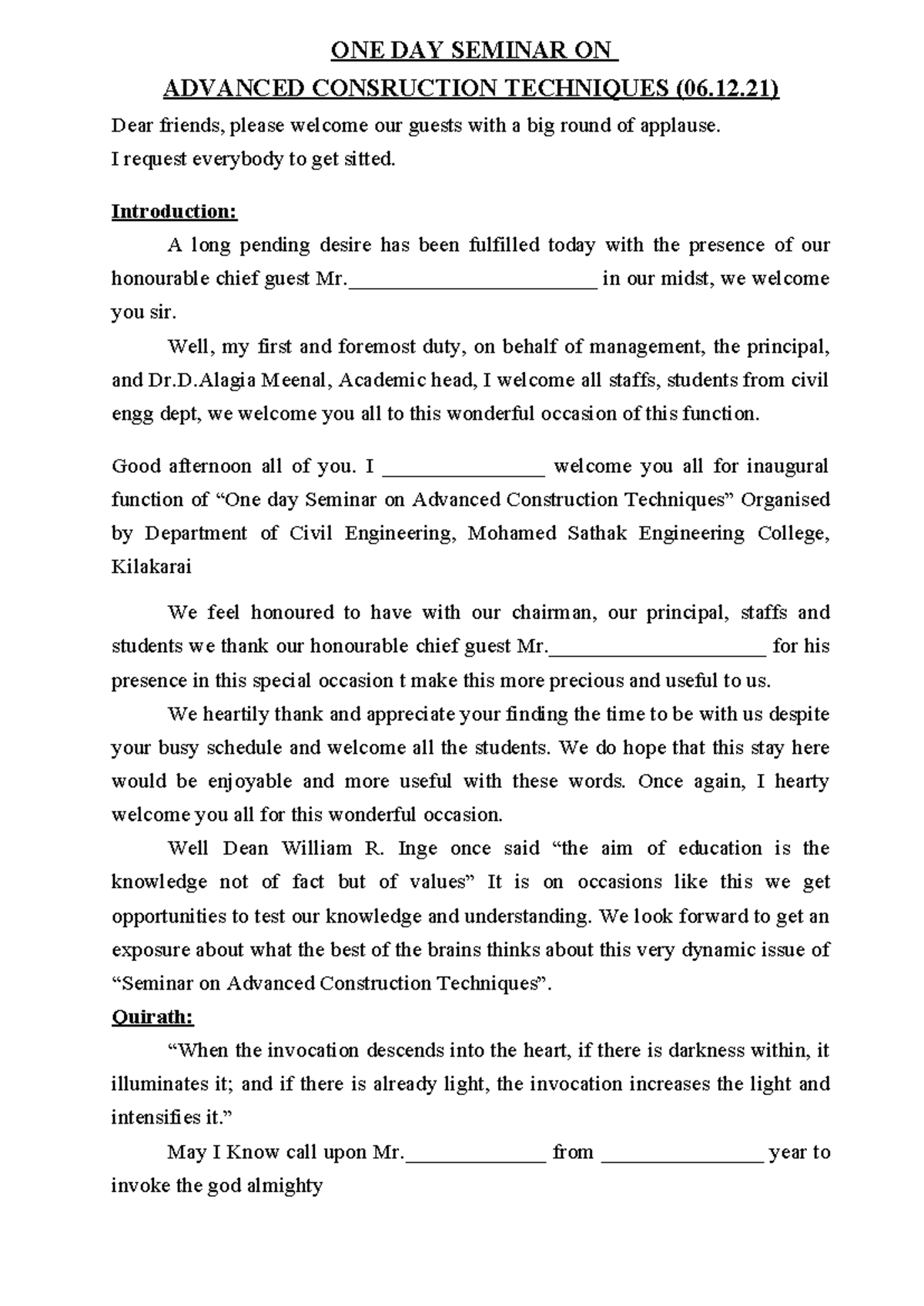 Anchoring Script for One Day Seminar on Advanced Construction ...