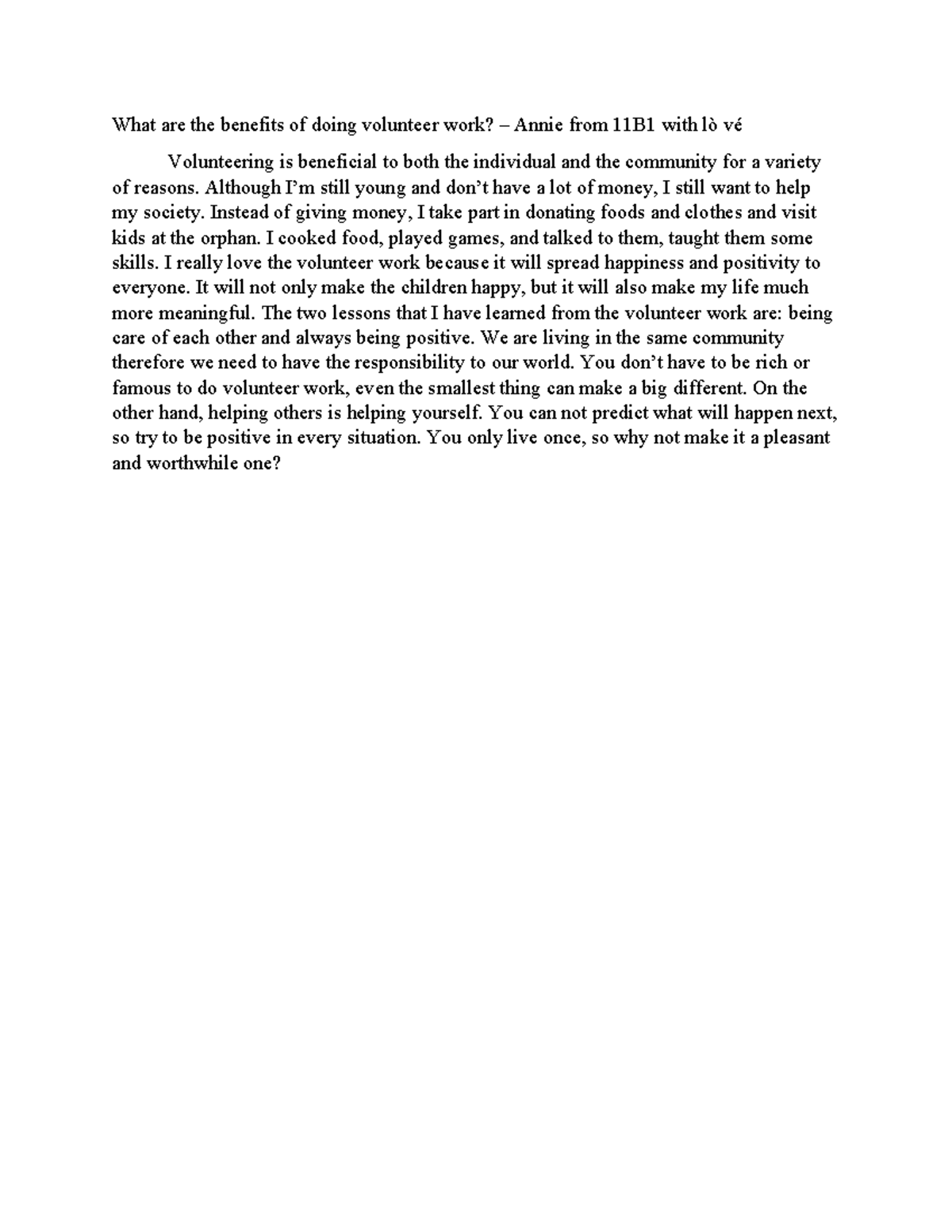 Benefits of Volunteer Work: Insights from Annie 11B1 - Studocu