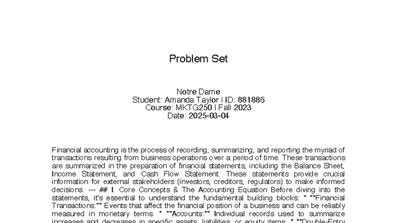 MKTG250 Fall 2023 - Financial Accounting Problem Set Notes - Studocu