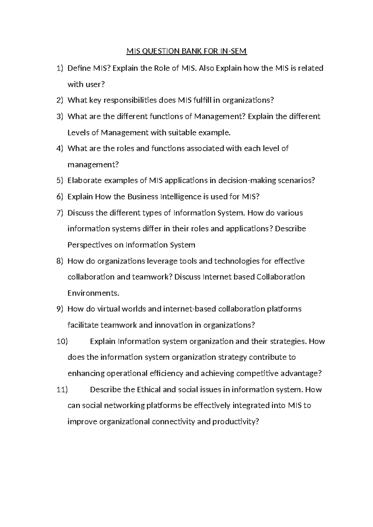 MIS QB - Questions bank mis - MIS QUESTION BANK FOR IN-SEM Define MIS ...