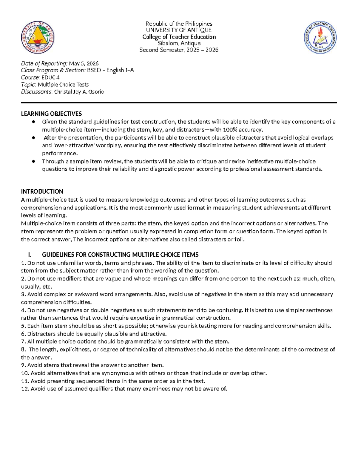 EDUC 4: Guidelines for Constructing Effective Multiple Choice Tests ...