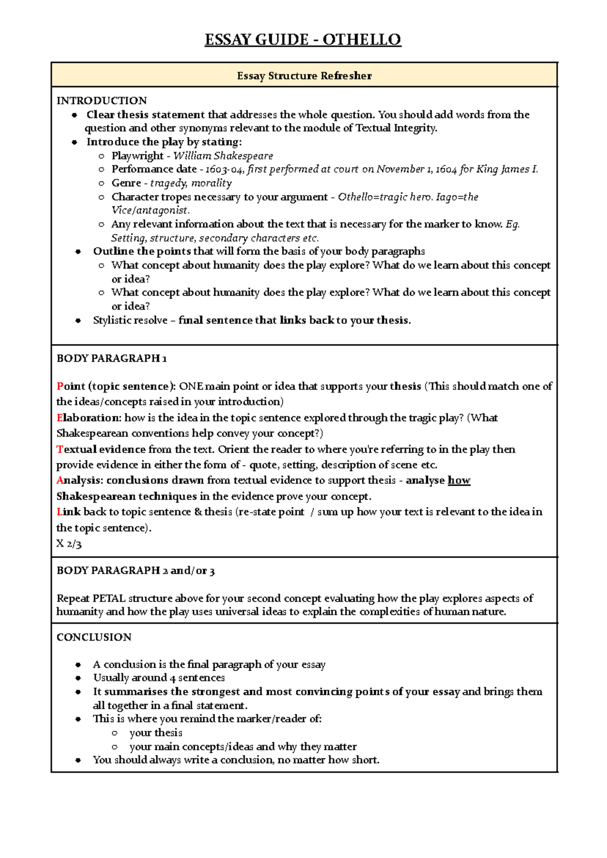 Study Guide - Othello (ENG 101): Essay Structure & Analysis - Studocu