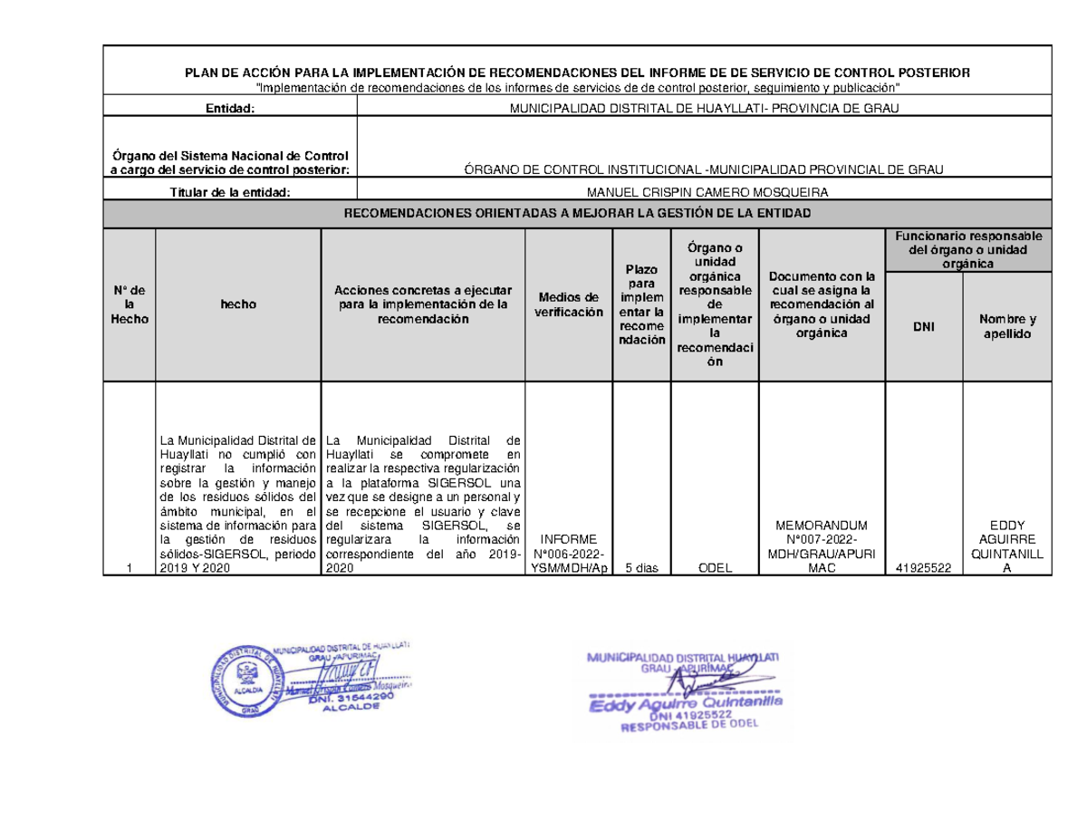 PLAN DE Acción PARA LA Implementación DE Recomendaciones DEL Informe DE ...