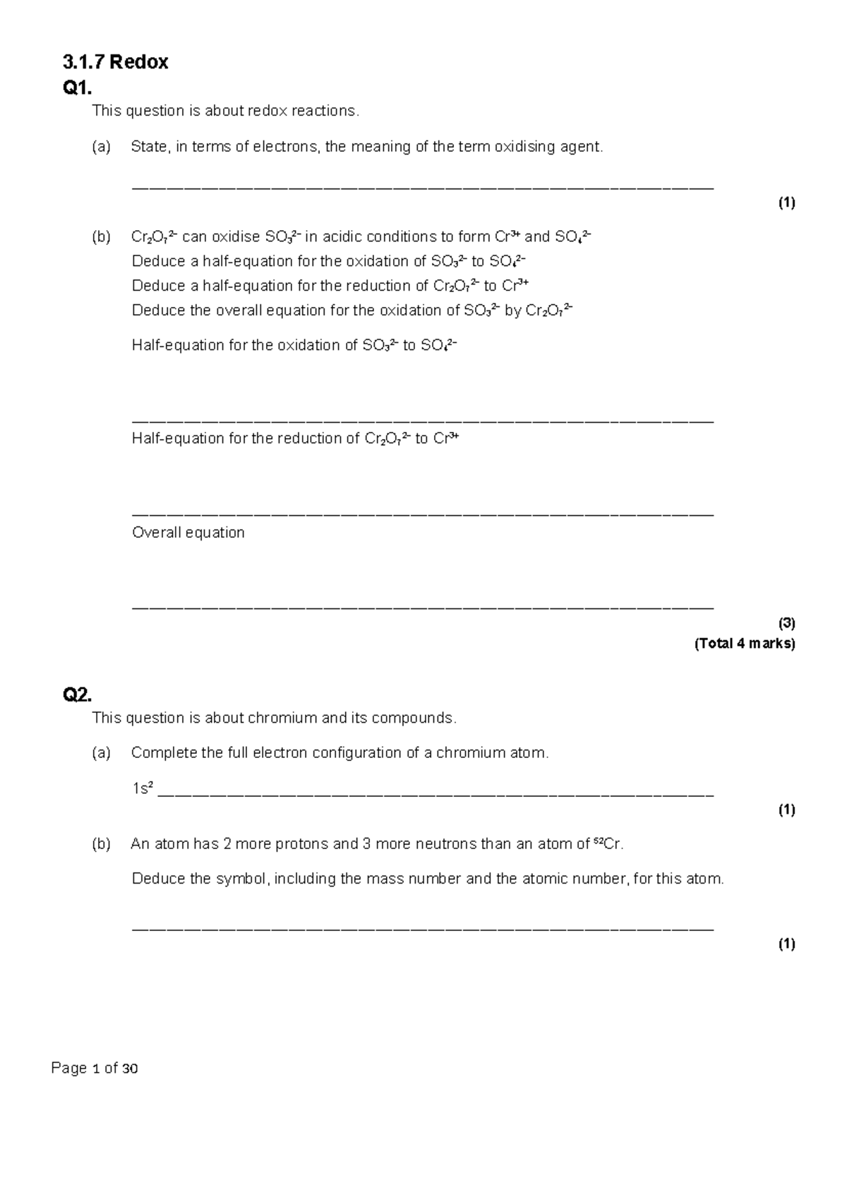 3.1.7 Redox EQ - AQA AS Level Past Exam Questions & Answers - Studocu