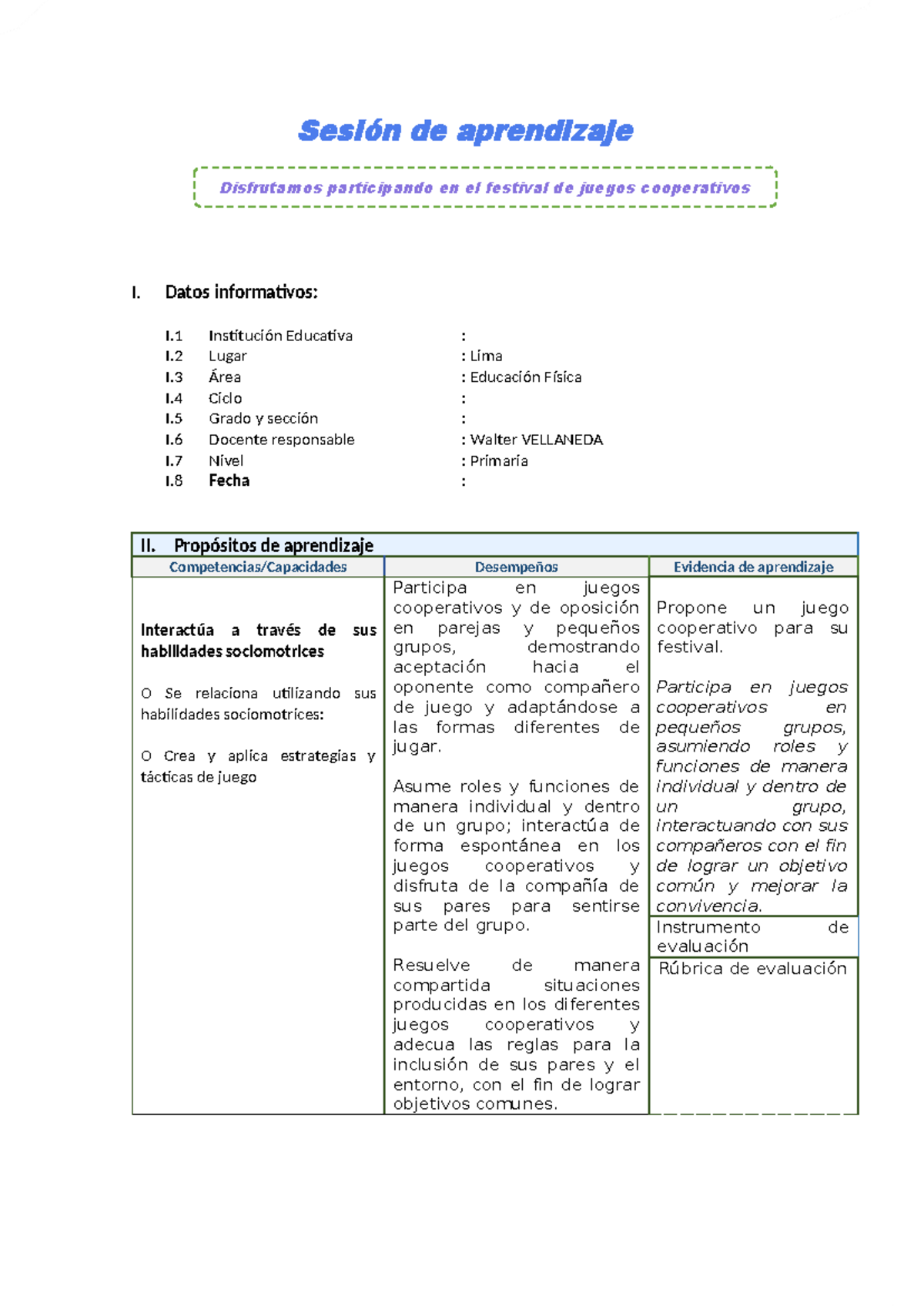 Sesión de Aprendizaje: Educación Física - Juegos Cooperativos en Primaria - Document Preview