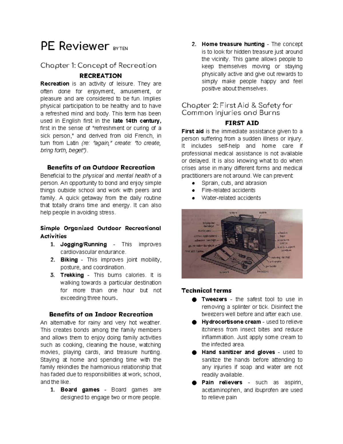 PE Reviewer: TEN Chapters on Recreation & First Aid Concepts - Studocu