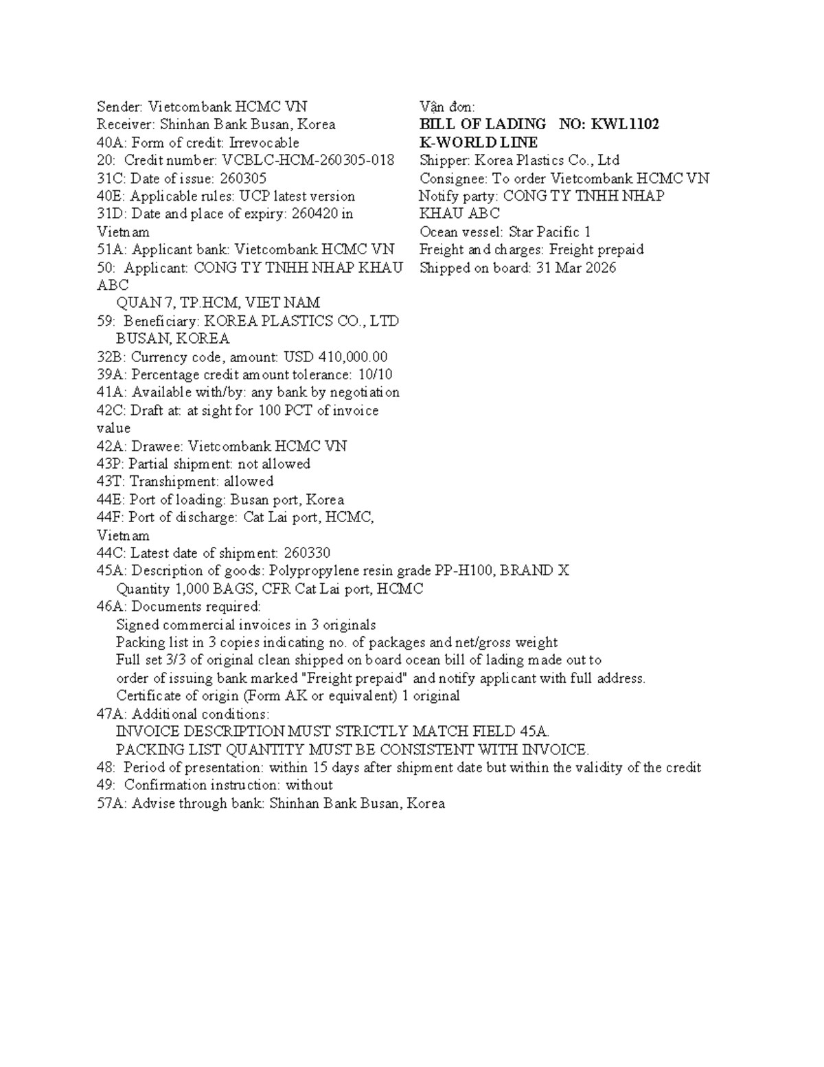 LC VCB Sample Style - Document of Credit for Vietcombank HCMC - Studocu