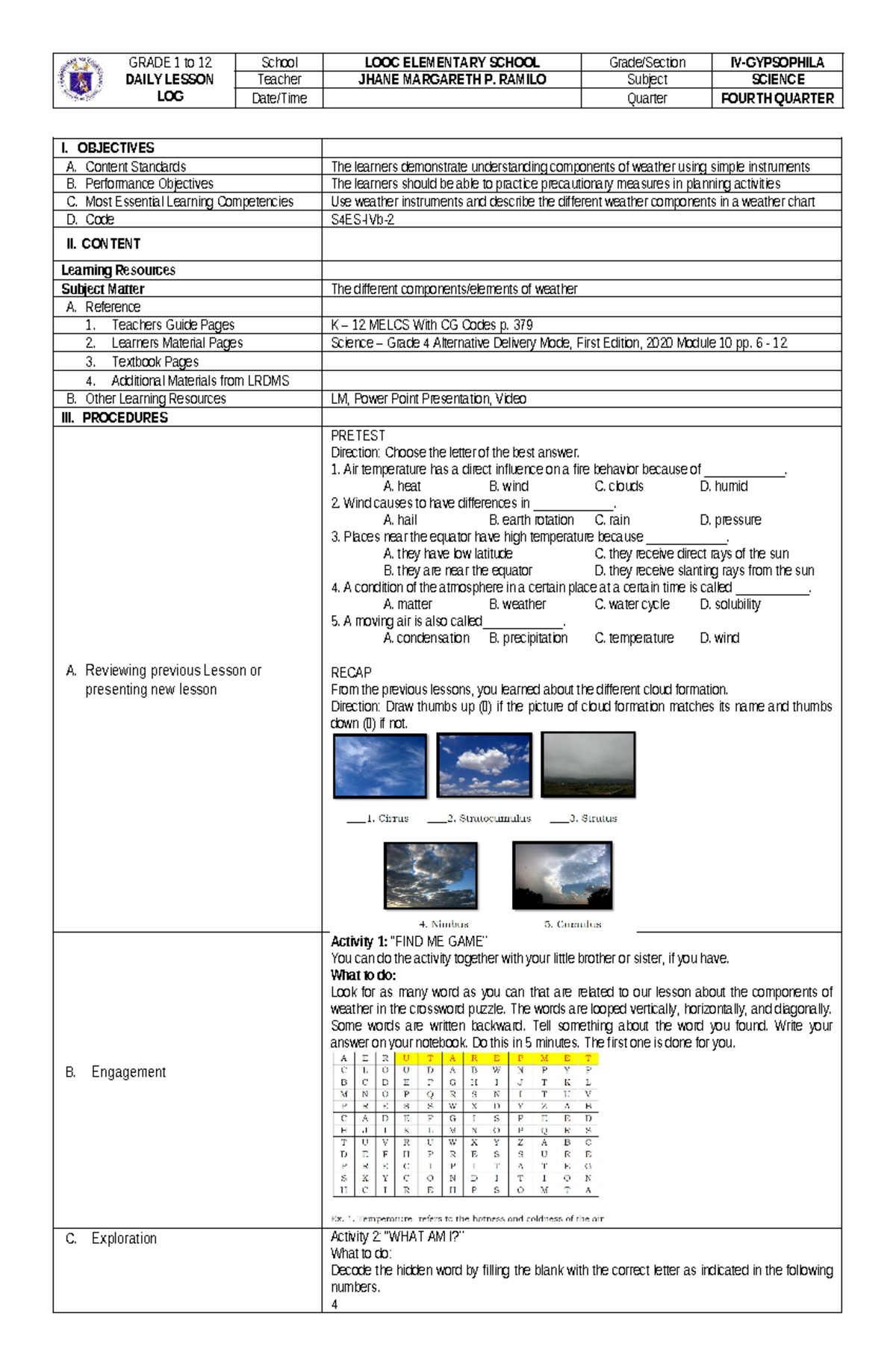 Weather Instruments and Their Uses: Grade 4 Science DLP S4ES-IVb- - Studocu
