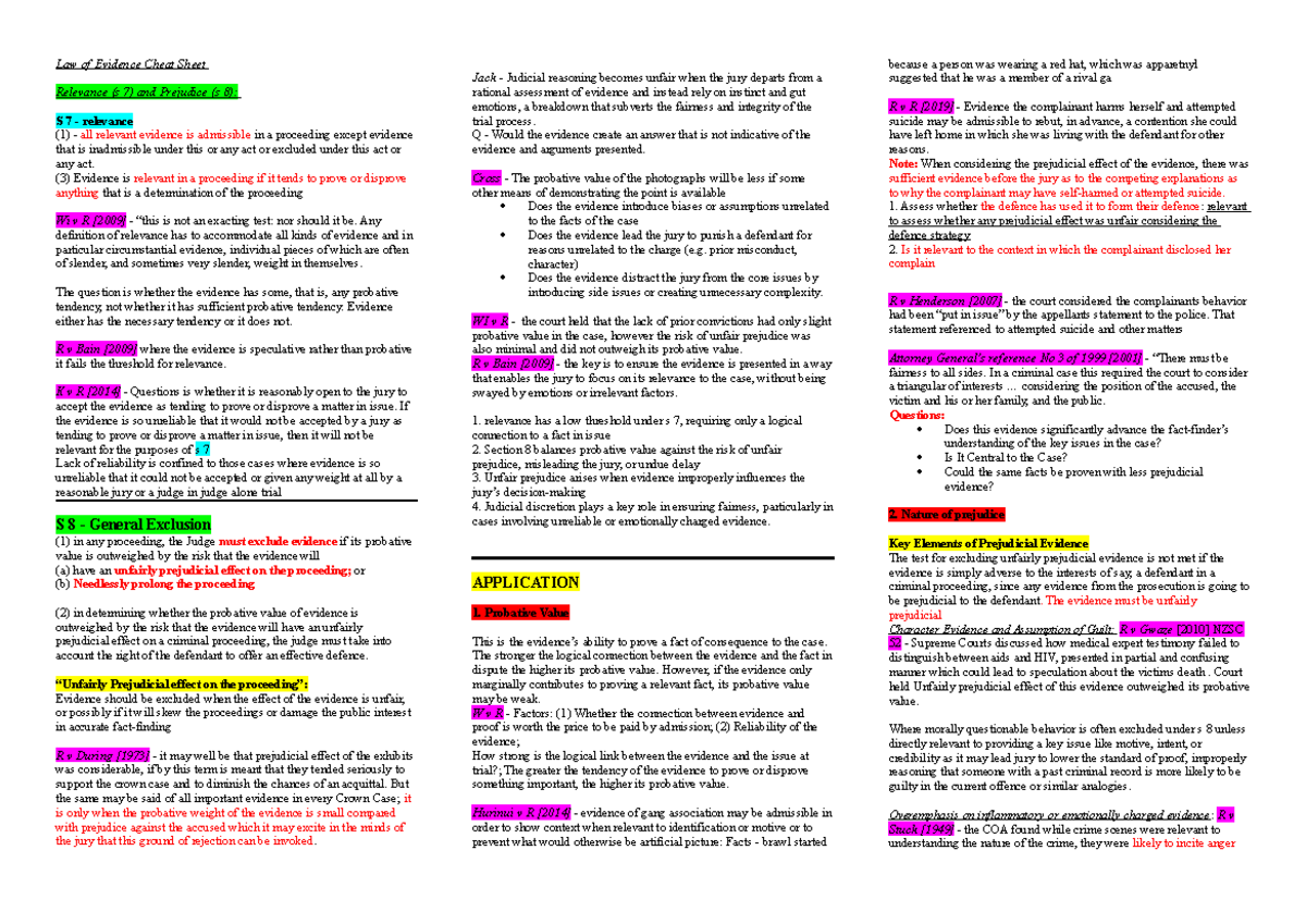 Law of Evidence Cheat Sheet: Relevance (s 7) & Prejudice (s 8) Overview ...