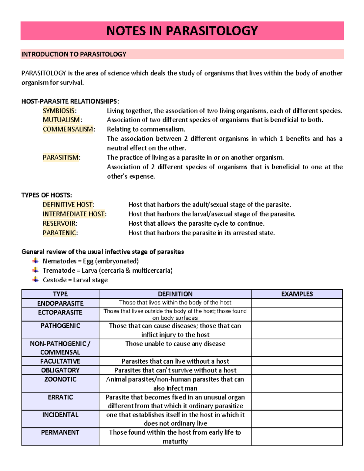 1. Intro to Parasitology - NOTES IN PARASITOLOGY INTRODUCTION TO ...