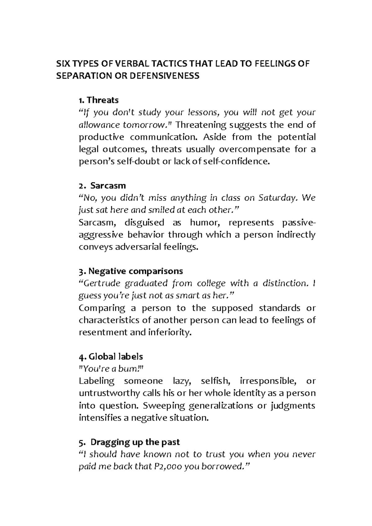 Verbal Tactics Leading to Defensiveness - ENGLISH - Studocu
