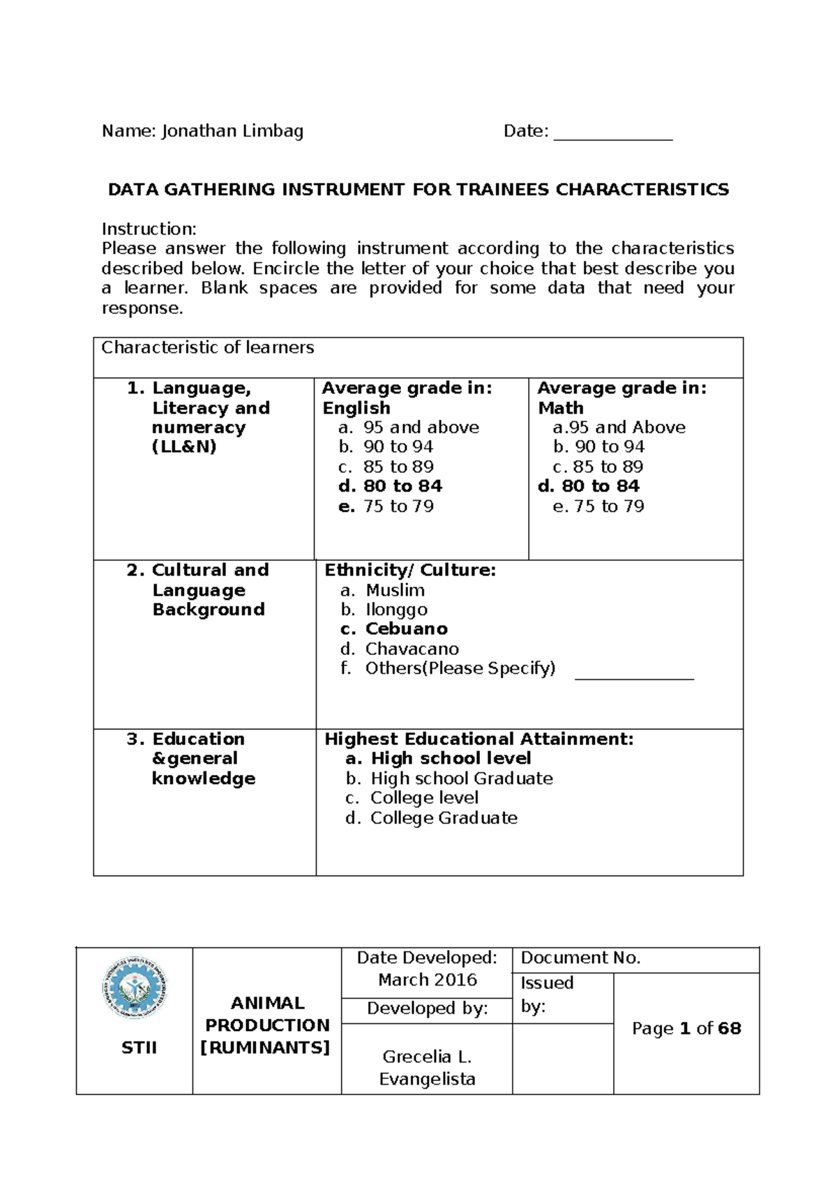Training Needs Assessment for Animal Production NC II (Ruminants) - Studocu