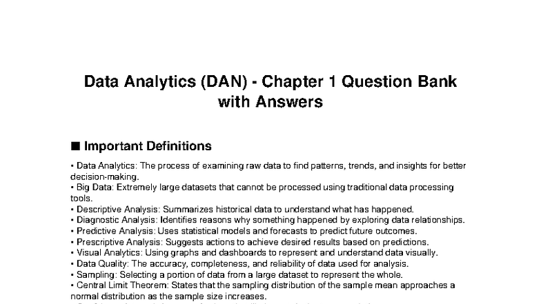 DAN Chapter 1: Data Analytics Question Bank & Key Definitions - Studocu