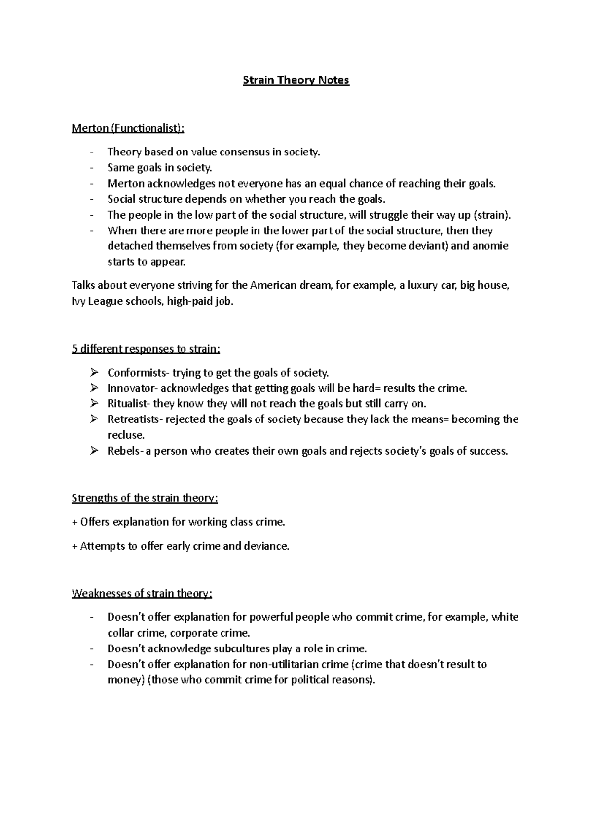 Strain Theory Notes - Strain Theory Notes Merton (Functionalist ...