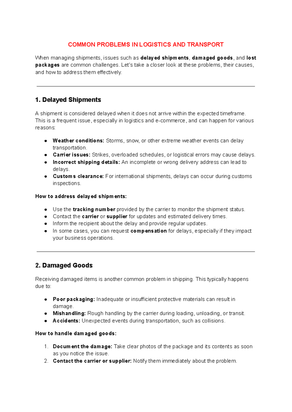 Logistics & Transport Common Issues: Delayed Shipments, Damage, Loss ...
