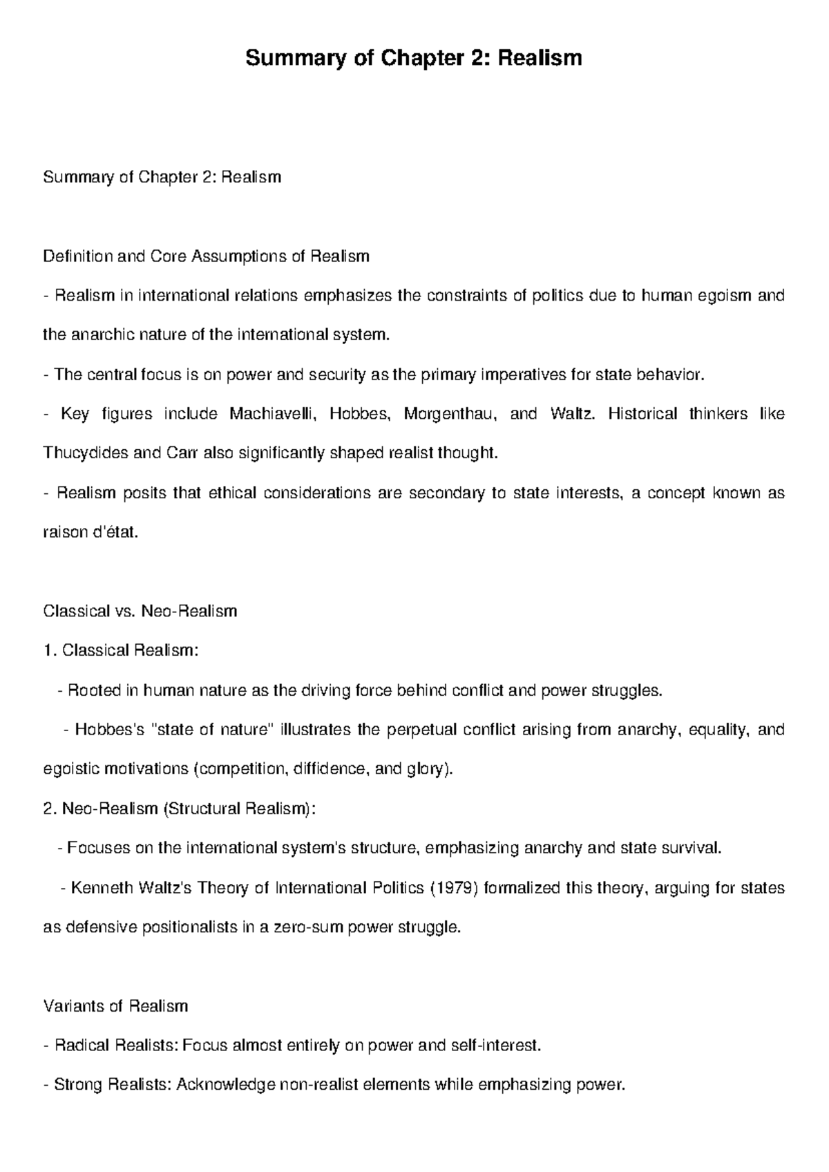 Summary of Chapter 2: Realism in International Relations (IR 101) - Studocu