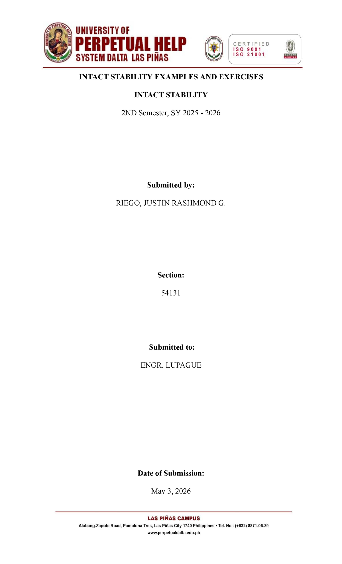 INTACT STABILITY EXAMPLES & EXERCISES (ENGR 54131) 2ND SEM 2025-2026 ...