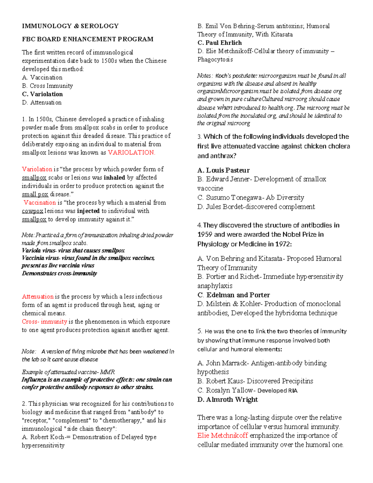 IMMUNOLOGY SEROLOGY FBC BOARD ENHANCEMENT PROGRAM: Key Concepts and ...