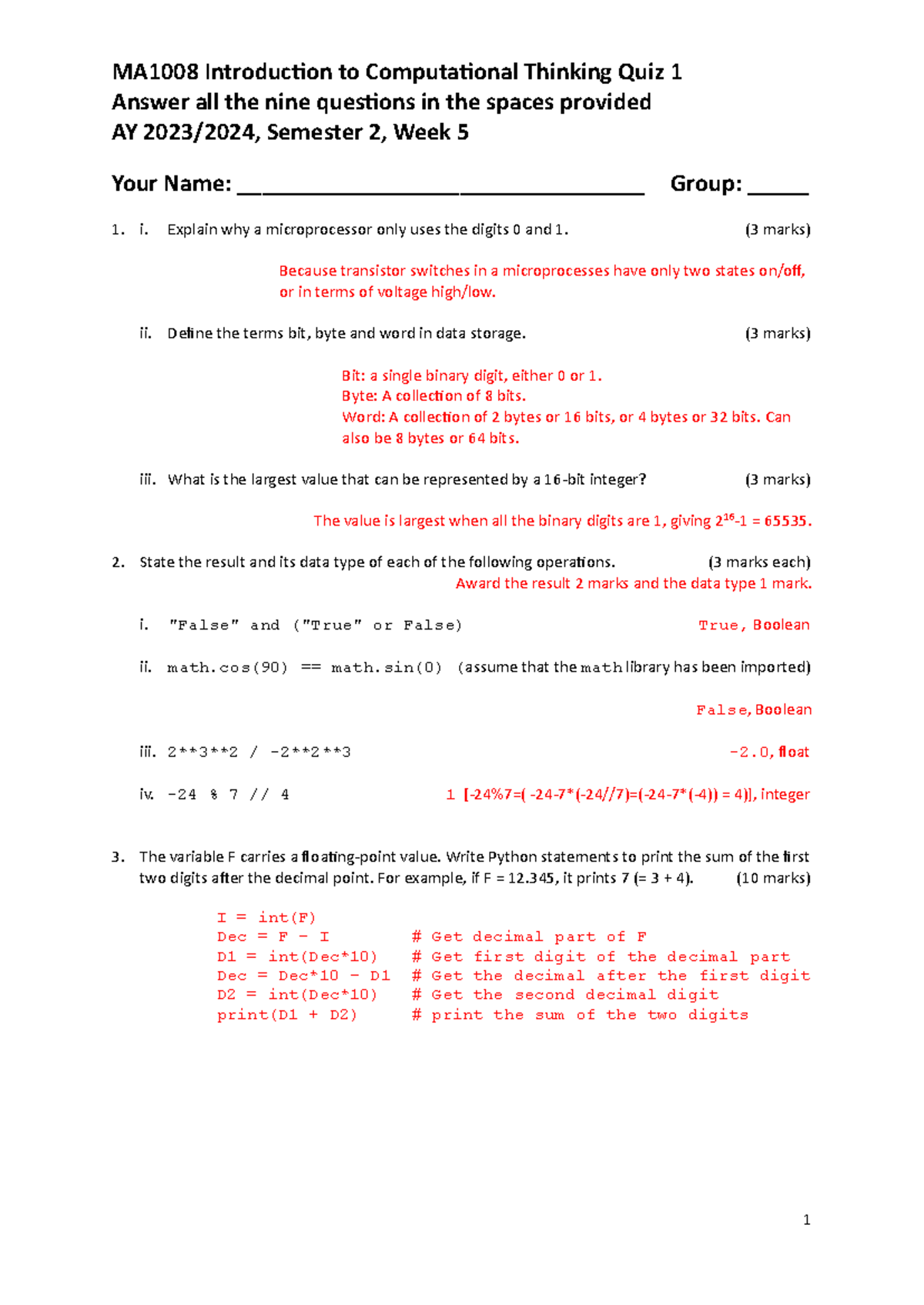MA1008 Computational Thinking Quiz 1 Solutions AY23/24 - Studocu