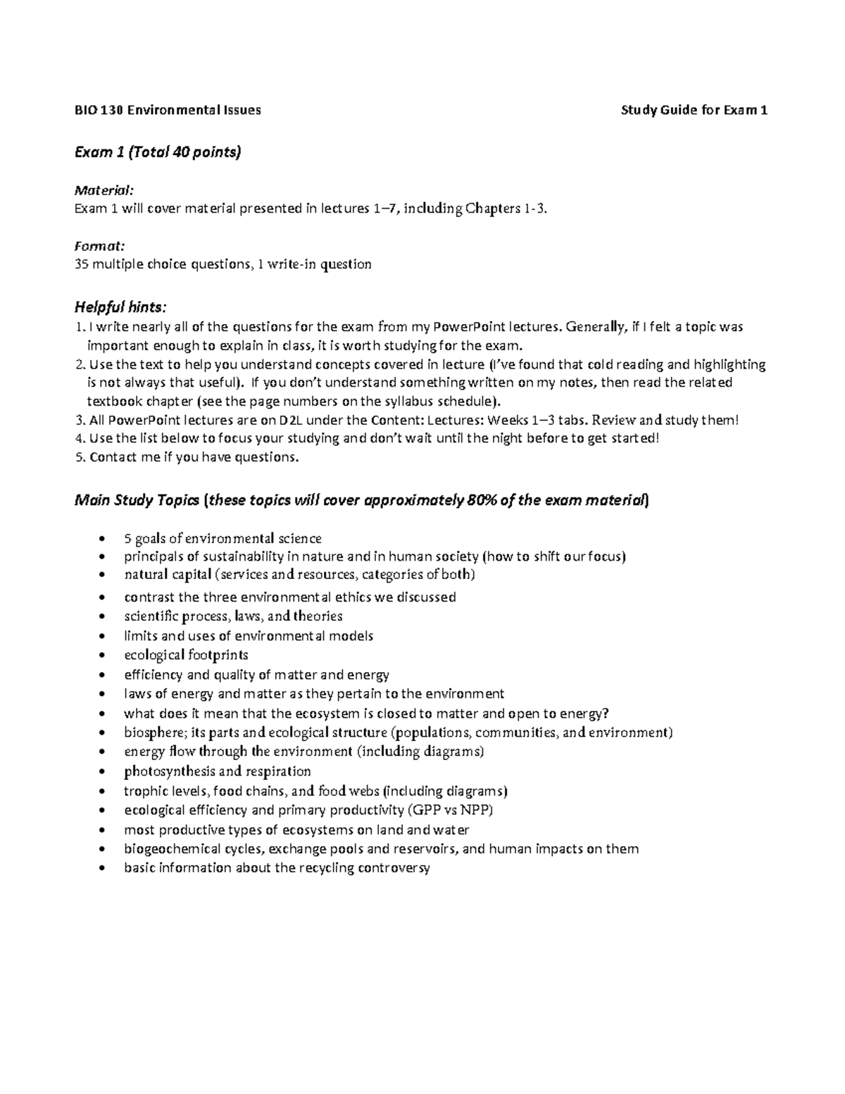 Study Guide for Exam 1 - BIO 130 Environmental Issues - BIO 130 ...