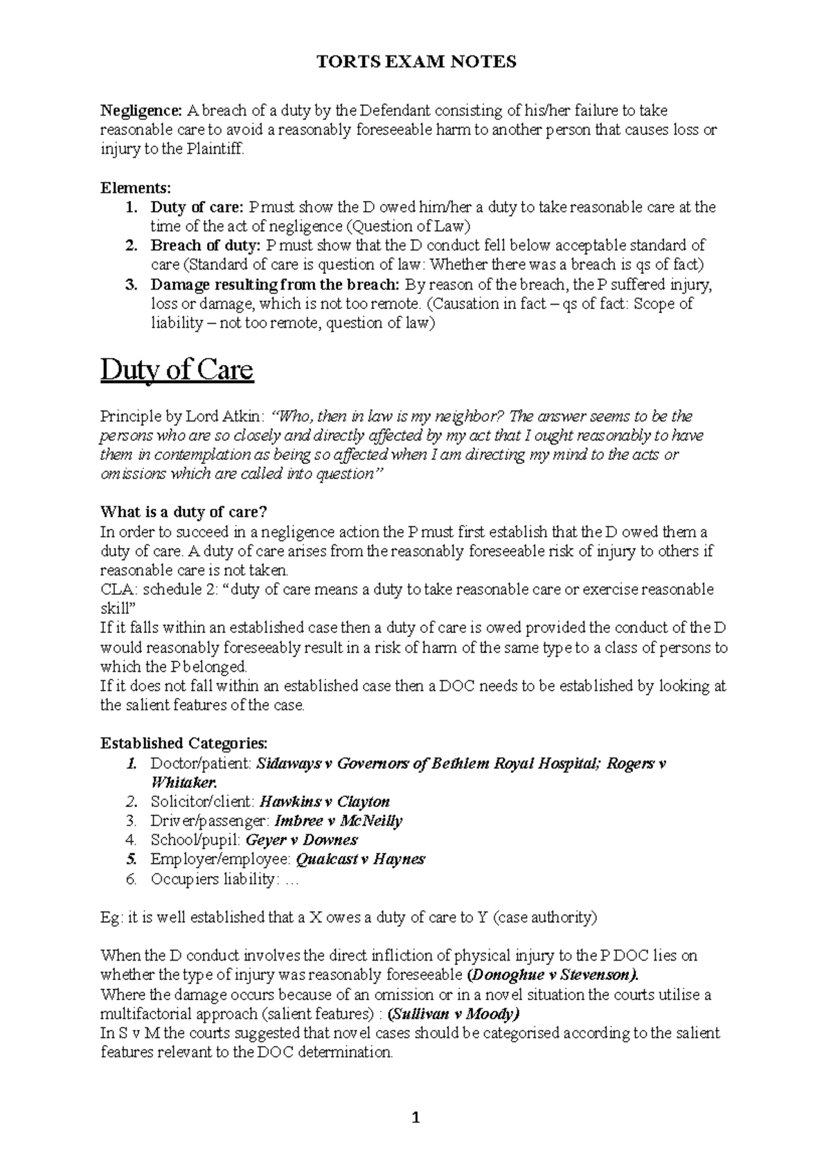 Torts LAW 101: Comprehensive Exam Notes on Negligence and Duty of Care ...