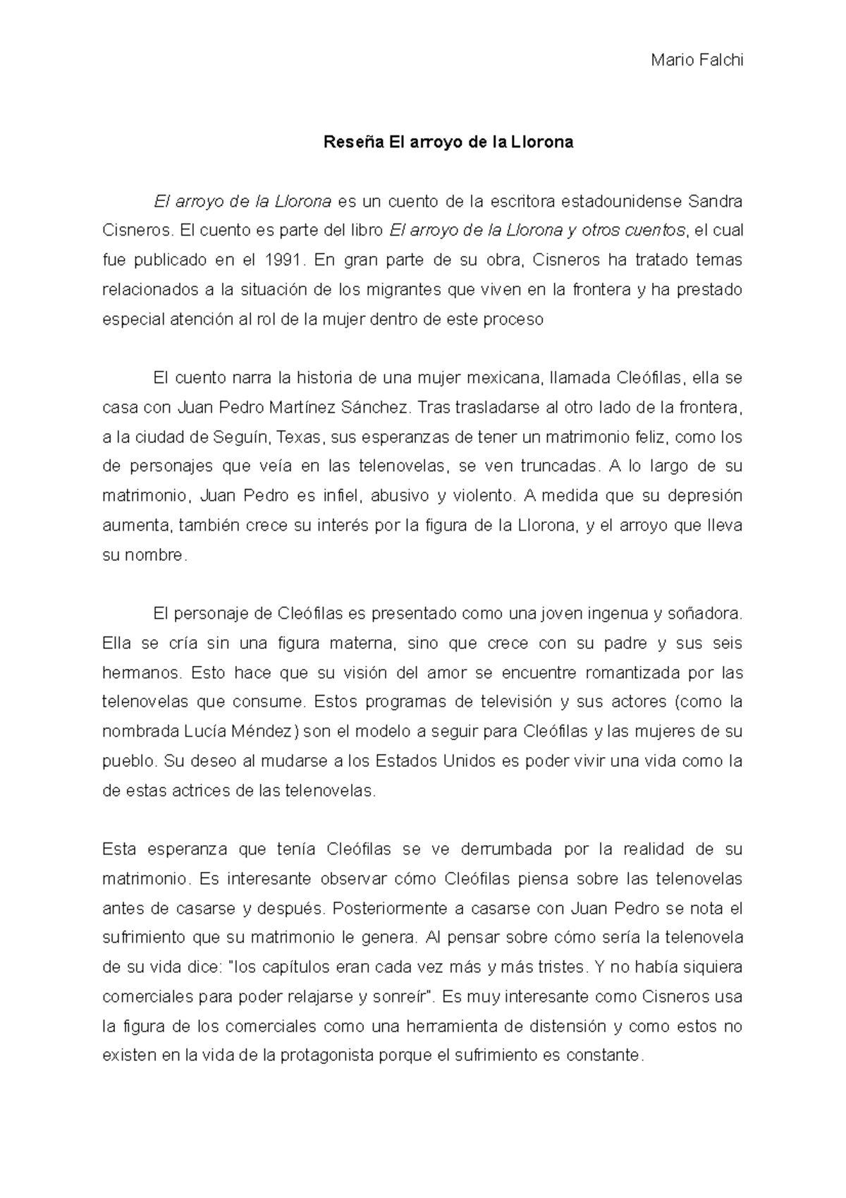 Reseña del Cuento "El Arroyo de la Llorona" - Análisis y Temas - Document Preview