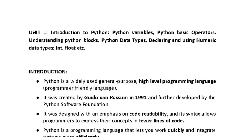 UNIT 1: Intro to Python Variables, Operators & Data Types (BVE-301 ...
