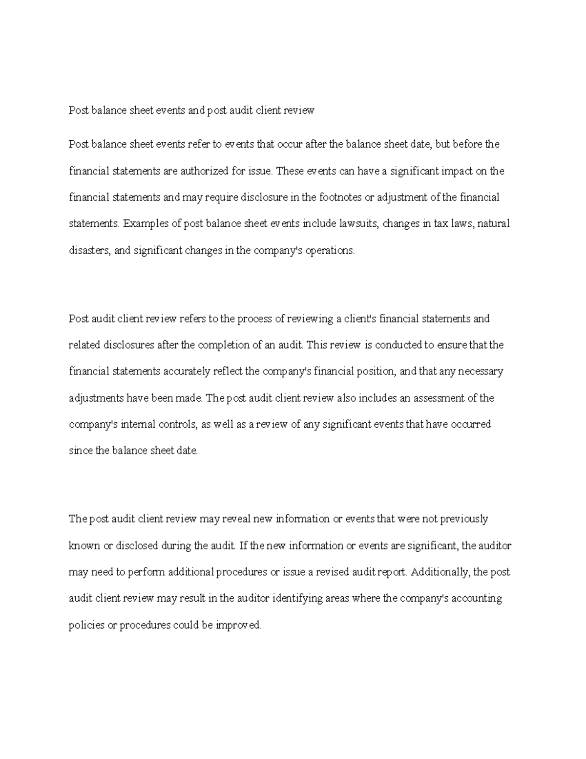 Post Audit Review and Balance Sheet Events Overview - Studocu