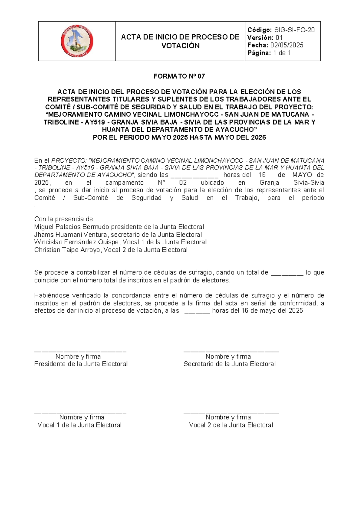Acta de Inicio de Proceso de Votación - SIG-SI-FO-20 (Formato N° 07 ...
