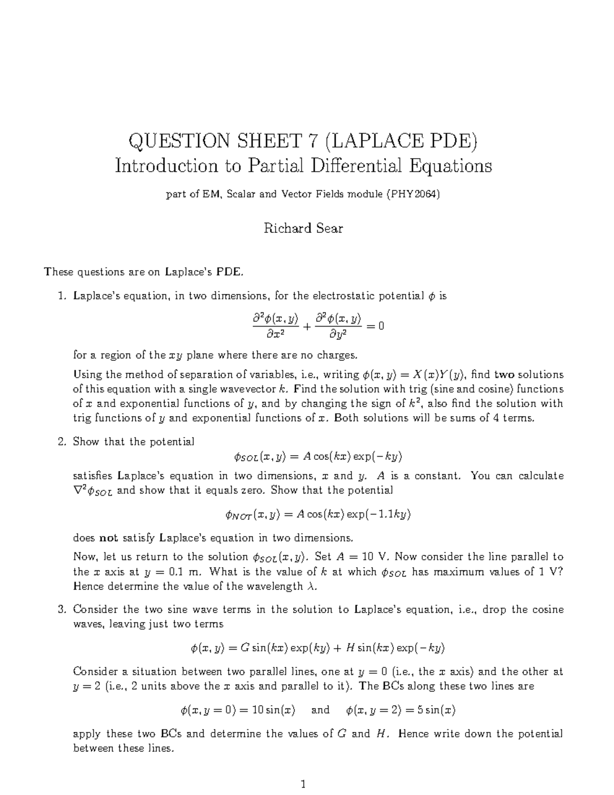 PHY2064 2015-2016 Problem Sheet 7 - QUESTION SHEET 7 (LAPLACE PDE ...