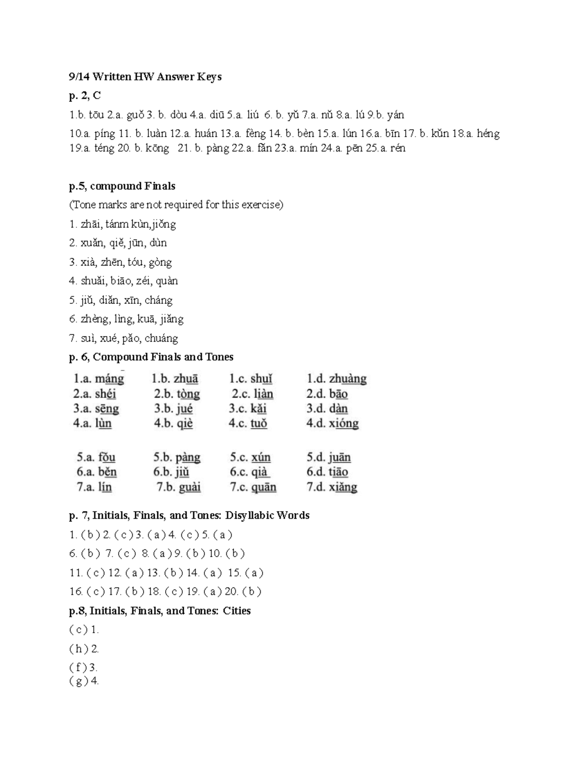 9/14 Written HW Answer Keys: Tones & Finals Exercises - Studocu