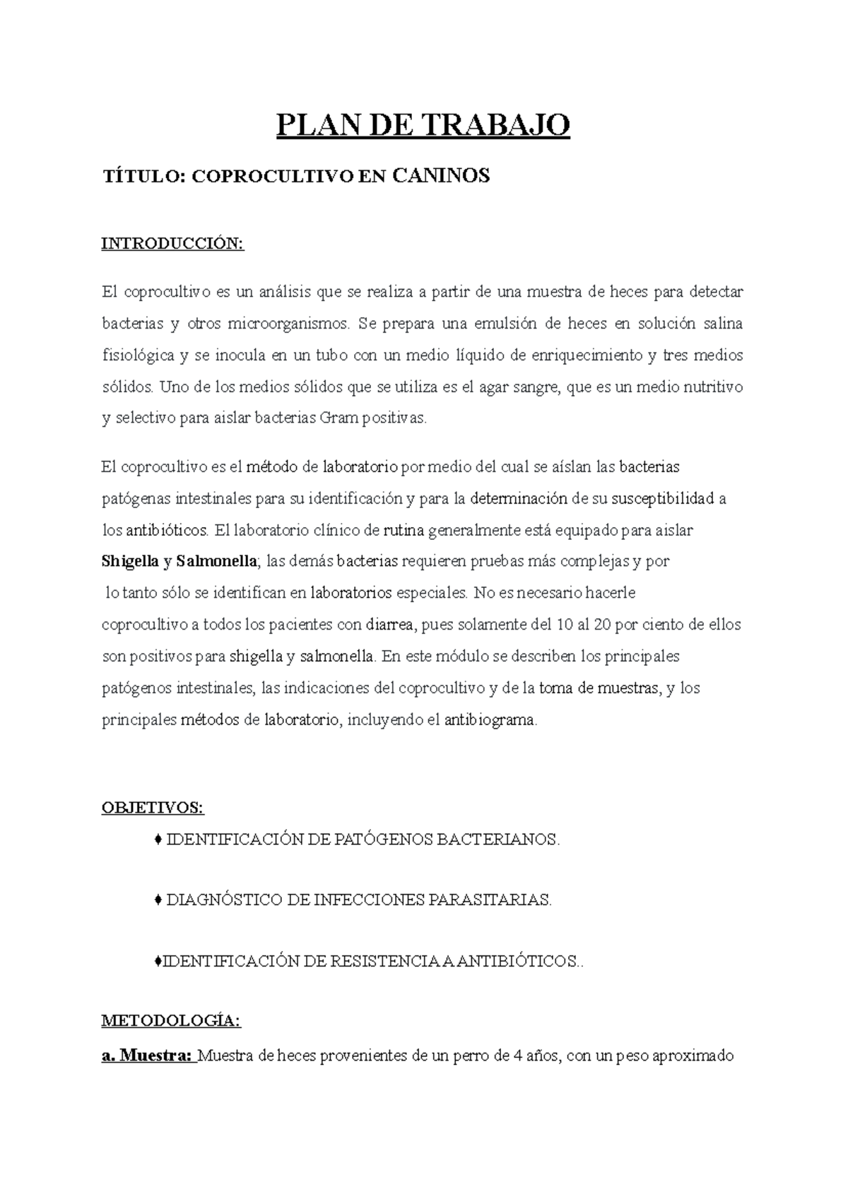 Copro Cultivo prueba - simplr - PLAN DE TRABAJO TÍTULO: COPROCULTIVO EN ...