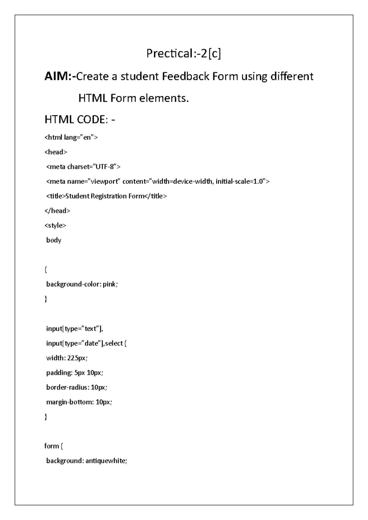 practical3swpd. - Prectical:-2[c] AIM:-Create a student Feedback Form ...