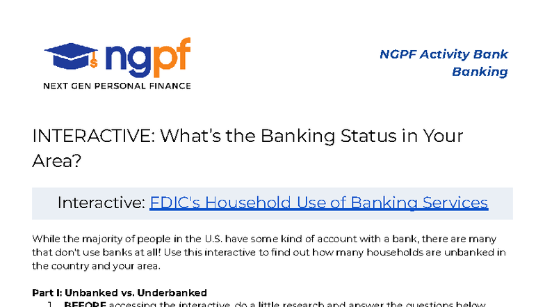 NGPF Activity Bank: Interactive on Banking Status in Your Area - Studocu