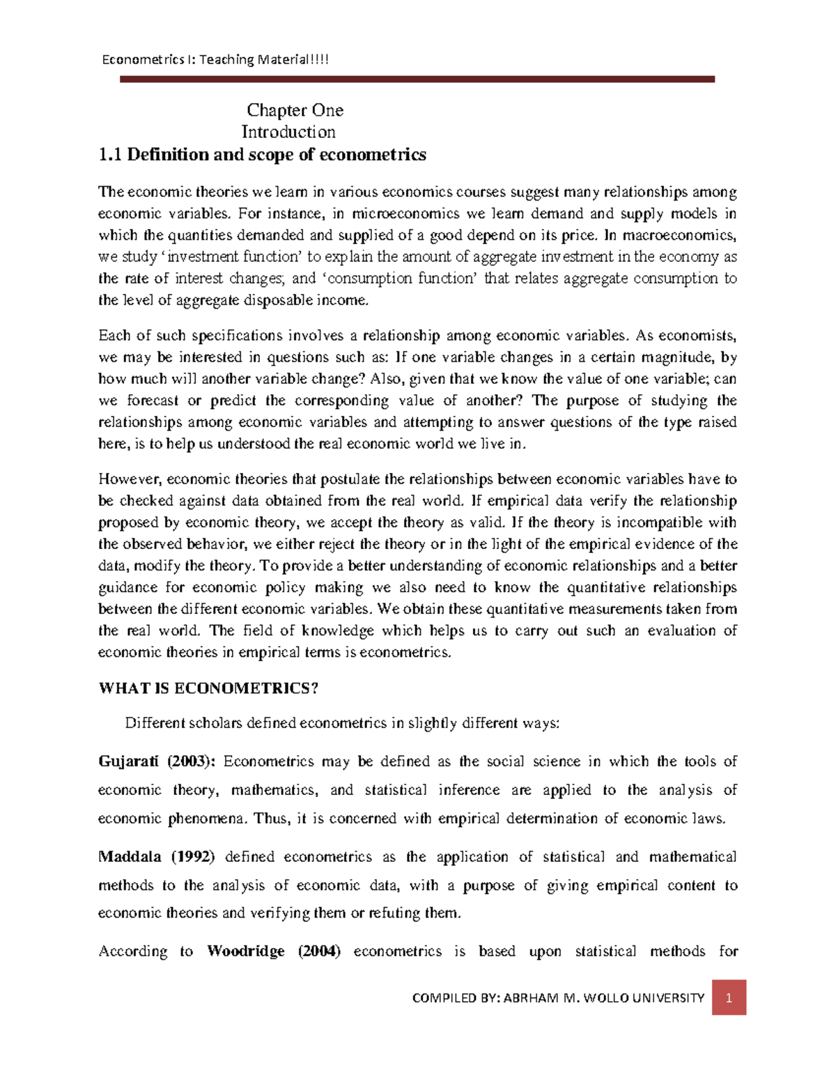 Chapter 1 Econometrics - Chapter One Introduction 1 Definition and ...