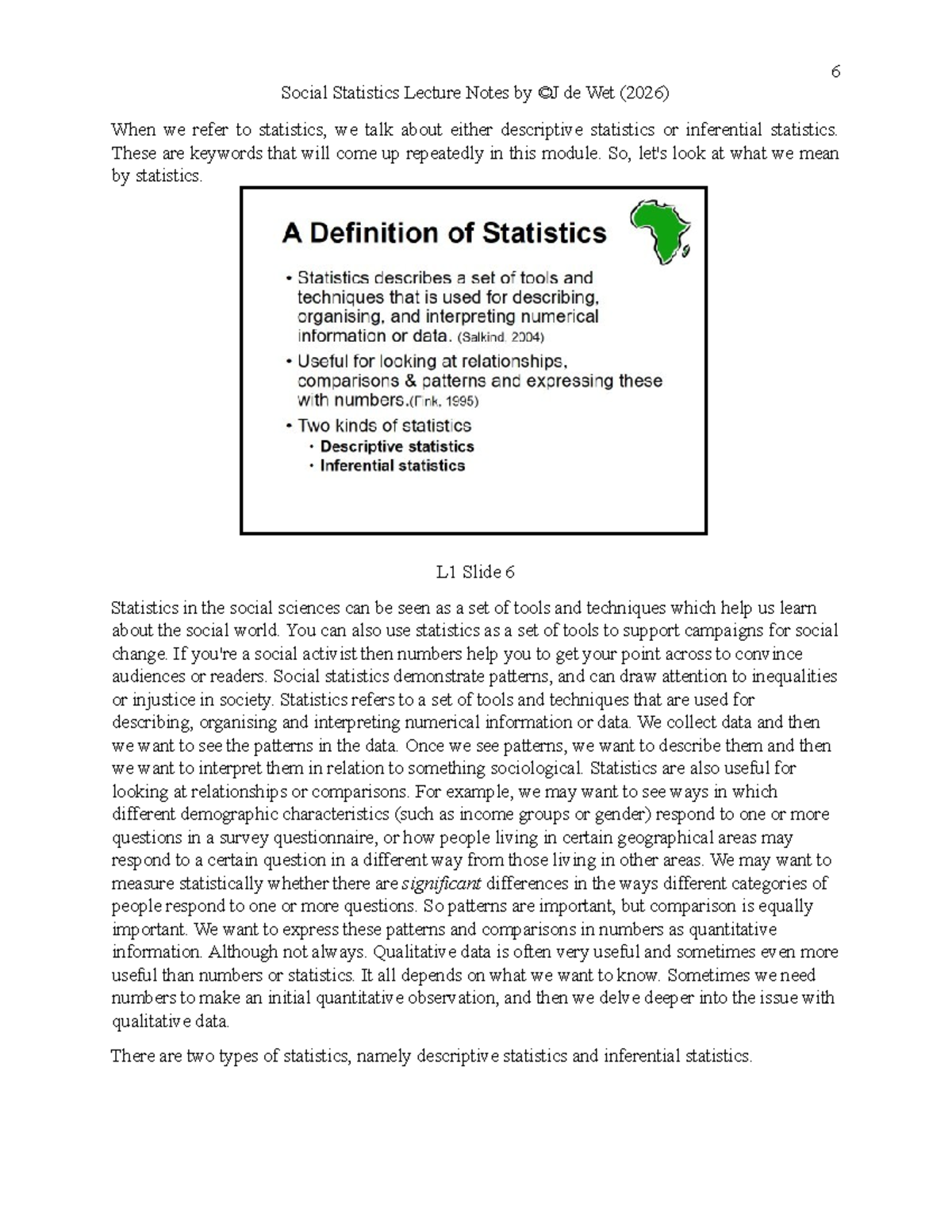 Social Statistics Lecture Notes (SOC101) by de Wet (2026) - Studocu