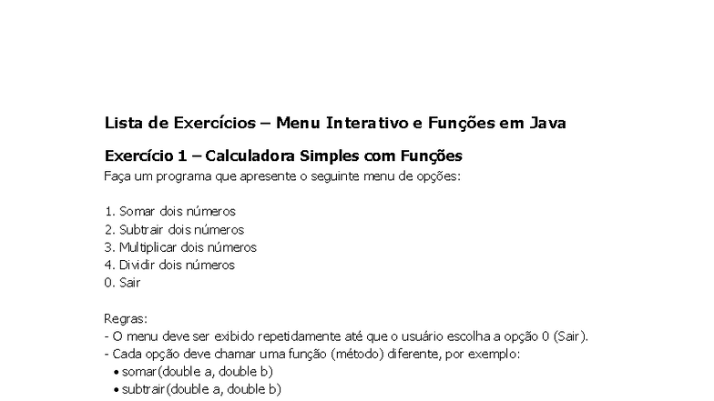 Lista de Exercícios de Funções em Java - Cód. 3720443856 - Studocu