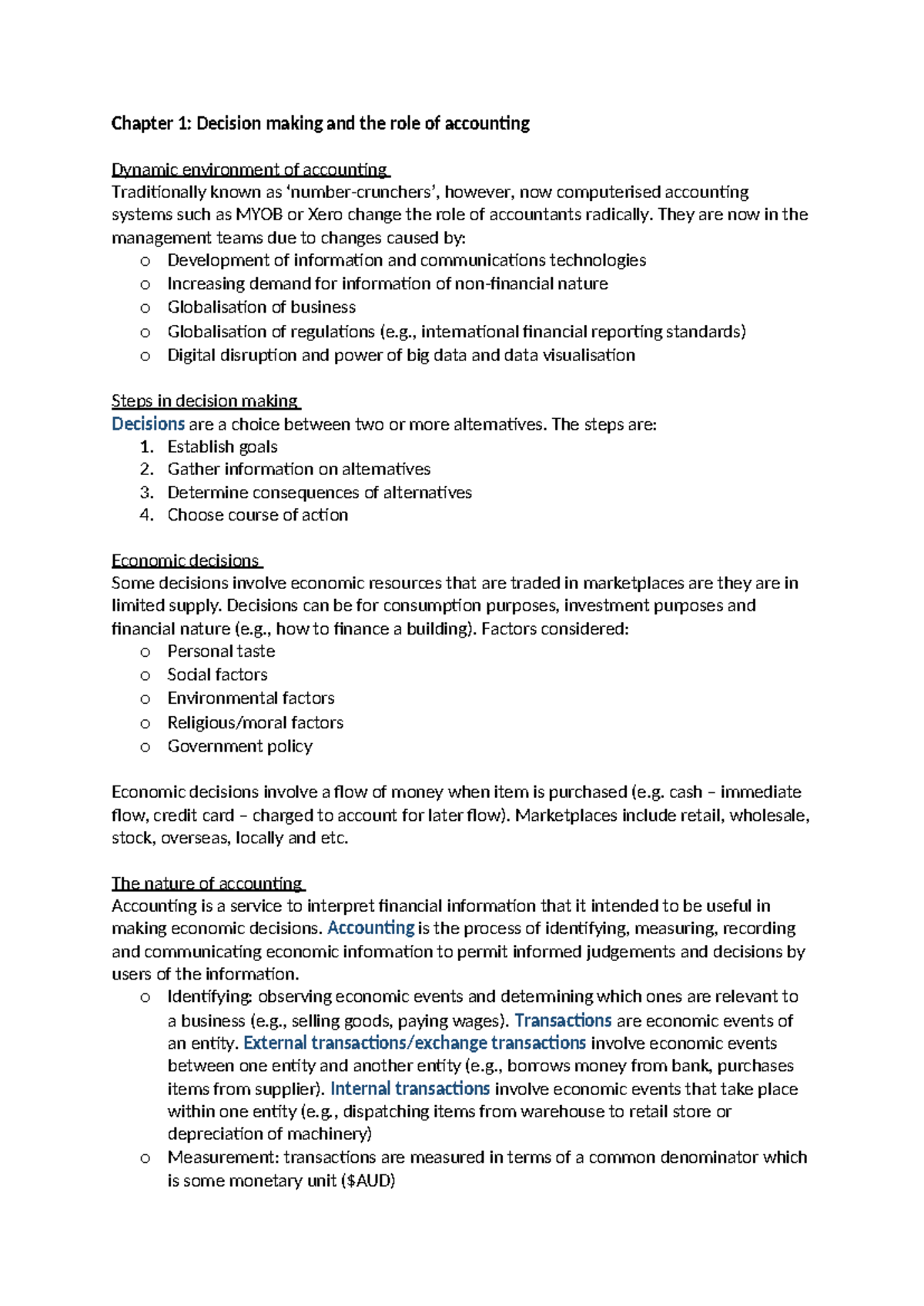 ACCT101 Chapter 1 Notes: Decision Making & Role of Accounting - Studocu