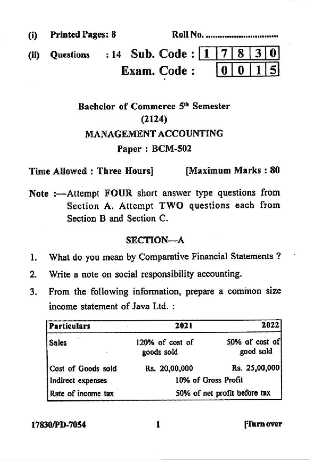 BCom 5th Sem BCM-502 Management Accounting Exam Questions November 2024 ...