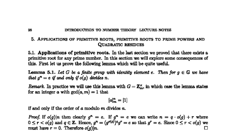 NT 26: Lecture Notes on Applications of Primitive Roots and Quadratic ...